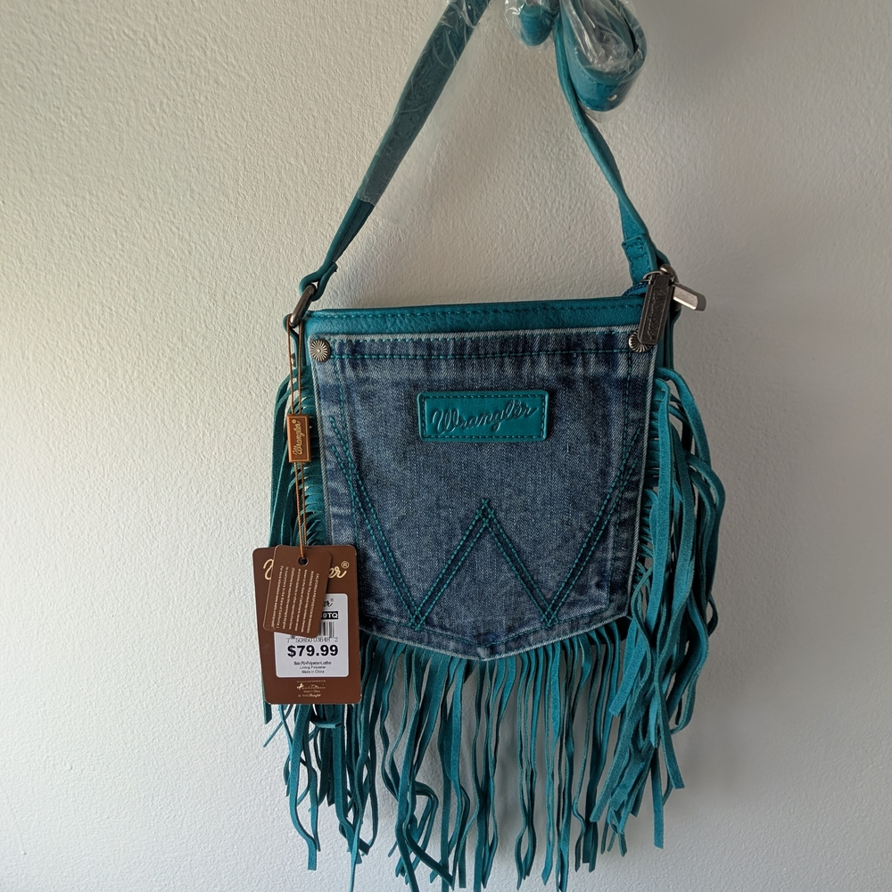 Wrangler Denim and Teal Fringe Crossbody Bag